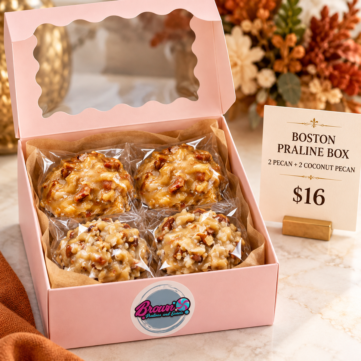 Boston Praline Box – 4 Count - Brown Pralines and Sweets